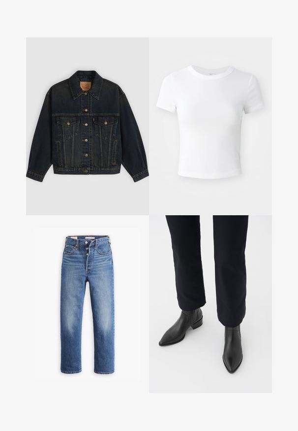 Donkerblauwe spijkerjas met knopen, twee borstzakken met knopen, zijzakken en een kraag, plat neergelegd op een lichte achtergrond.; Effen witte cropped t-shirt met korte mouwen en ronde hals, weergegeven op een neutrale lichte achtergrond.; Blauwe denim jeans met een hoge taille, rechte pijpen en vervaagde delen. Voorzien van voorzakken en metalen details.; Zwarte leren enkellaarsjes met een spitse neus, blokhak en textuurpanelen aan de zijkanten, gedragen met donkere broeken tegen een witte achtergrond.