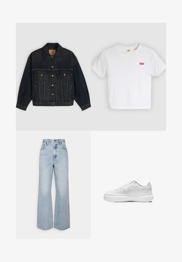 Chaqueta vaquera azul oscuro con botones, dos bolsillos en el pecho con botones, bolsillos laterales y cuello, colocada plana sobre un fondo claro.; Camiseta blanca de manga corta con cuello redondo y pequeño logo rojo de Levi's en el pecho izquierdo.; Jeans anchos de mezclilla de un azul claro con una cintura alta, diseño clásico de cinco bolsillos y costuras en contraste. Detalle de dobladillo sin terminar en la parte inferior.; Zapatillas blancas con parte superior de cuero liso, puntera redonda, detalles perforados y suela de goma blanca gruesa. Presenta el logotipo en el lateral y cordones planos.