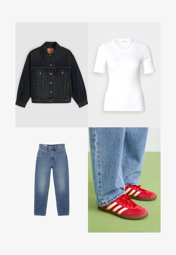 Mørkeblå denimjakke med knapper, to brystlommer med knapper, sidelommer og en krave, lagt fladt på en lys baggrund.; Hvid T-shirt med korte ærmer lavet af glat bomuld, med rund halsudskæring og en tætsiddende pasform. Klassisk design uden mønstre eller detaljer.; Lyseblå denimjeans med høj talje, lige ben, fem lommer og orange syninger. Slidt finish på fronten.; Røde ruskinds sneakers med tre hvide striber, rund tå og tekstureret sål, parret med lyseblå denim jeans på en grøn baggrund.