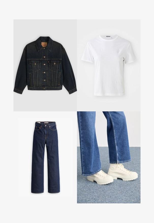 Chaqueta vaquera azul oscuro con botones, dos bolsillos en el pecho con botones, bolsillos laterales y cuello, colocada plana sobre un fondo claro.; Camiseta blanca de manga corta hecha de una tela suave. Cuenta con un escote redondo y un corte recto, con una etiqueta en el cuello interior.; Vaqueros de mezclilla azul oscuro de pierna recta con cinco bolsillos, costuras naranjas y cierre de botón.; Zapatillas deportivas blancas de caña alta con suelas gruesas y estriadas, y detalle de logo circular, combinadas con jeans de mezclilla de pierna ancha en azul claro.