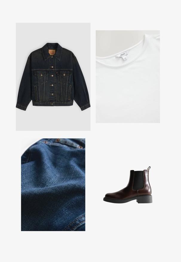 Mørkeblå denimjakke med knapper, to brystlommer med knapper, sidelommer og en krave, lagt fladt på en lys baggrund.; Hvid kortærmet T-shirt lavet af blød bomuld, med en rund halsudskæring og et label med "NEXT" på den indre ryg.; Denimstof i mørkeblå, med en glat tekstur og subtile vævningsvariationer samt kontrasterende syningsdetaljer.; Brune læder ankelstøvle med elastiske sidepaneler, rund tå og en struktureret sort gummisål. Har kontrasterende syninger og en trækflap.
