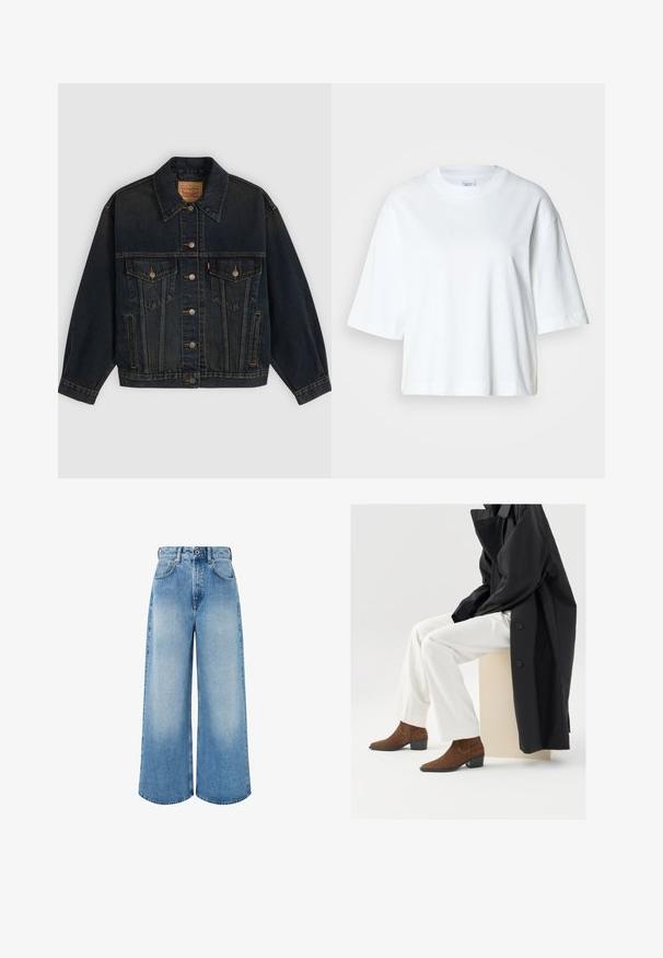 Dunkelblaue Jeansjacke mit Knöpfen, zwei Brusttaschen mit Knöpfen, Seitentaschen und einem Kragen, flach auf einem hellen Hintergrund liegend.; Weißes, kurz geschnittenes T-Shirt mit kurzen Ärmeln und Rundhalsausschnitt, aus weichem Baumwollmaterial, mit einem einfachen und klaren Design.; Hellblaue, weit geschnittene Jeans aus Denim mit hoher Taille, Knopfverschluss und subtiler Ausbleichung sowie sauberen Saumkanten.; Braune Wildleder-Ankle Boots mit spitzem Fuß und niedrigem Blockabsatz, kombiniert mit weißen Hosen und einem schwarzen Mantel, sitzen auf einem beigen Sockel.