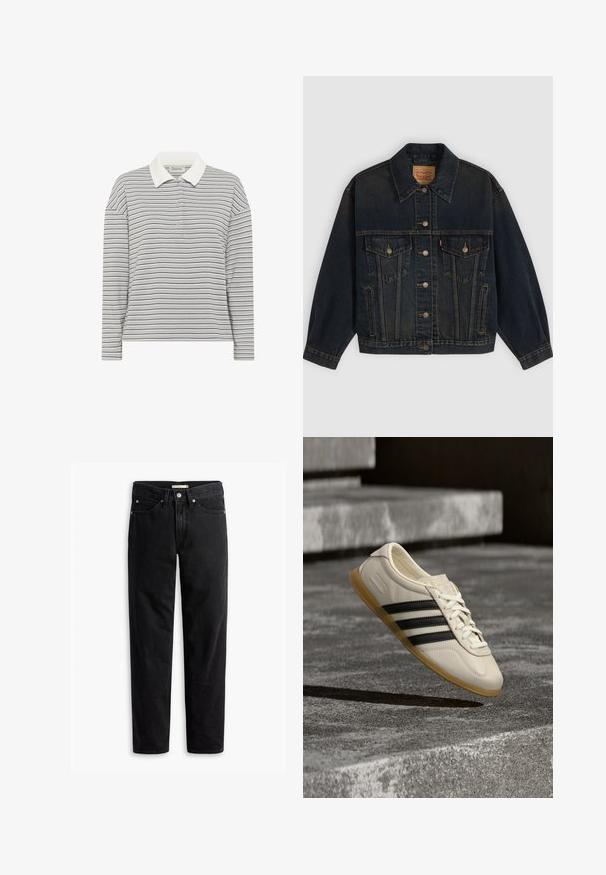 Donkerblauwe spijkerjas met knopen, twee borstzakken met knopen, zijzakken en een kraag, plat neergelegd op een lichte achtergrond.; My Essential Wardrobe MWKLARA - Poloshirt - peal blue striped; Zwarte straight-leg jeans met knoop- en ritssluiting, riemlussen en voor- en achterzakken, plat gelegd op een witte achtergrond.; Witte sneaker met zwarte strepen en rubberen zool zwevend boven betonnen trap in zacht daglicht.