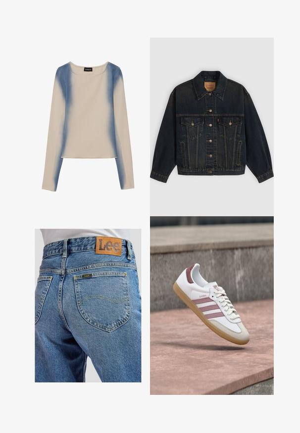 Chaqueta vaquera azul oscuro con botones, dos bolsillos en el pecho con botones, bolsillos laterales y cuello, colocada plana sobre un fondo claro.; Camiseta de manga larga en color beige claro, con un diseño en degradado azul. Textura suave, con cuello redondo y línea de dobladillo recta.; Jeans de mezclilla azul con bolsillos traseros que presentan costuras amarillas y un parche de cuero marrón de la marca Lee en la cinturilla.; Zapatilla Adidas Samba blanca y rosa con suela de goma flotando sobre una superficie de piedra y con un fondo desenfocado de pared de piedra.