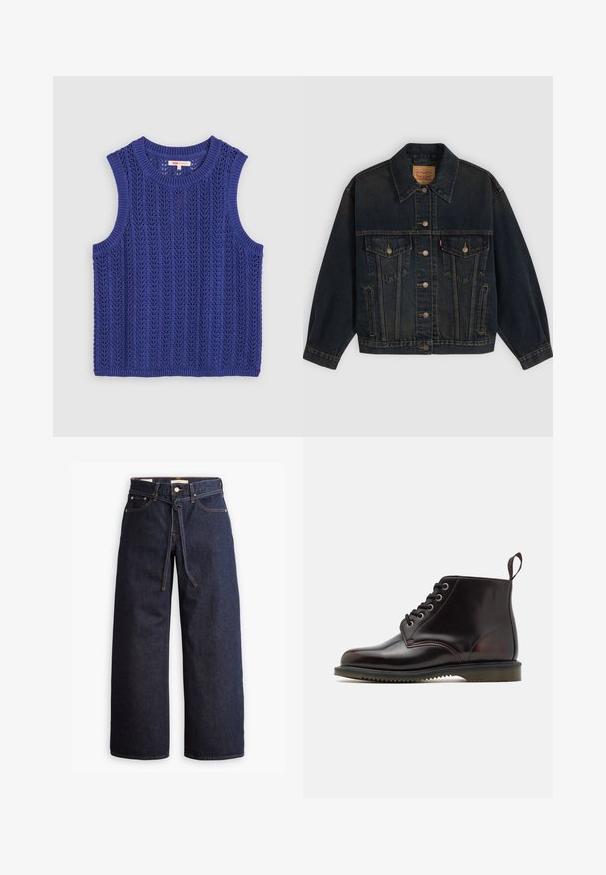 Dunkelblaue Jeansjacke mit Knöpfen, zwei Brusttaschen mit Knöpfen, Seitentaschen und einem Kragen, flach auf einem hellen Hintergrund liegend.; Gestricktes ärmelloses Top in lebhaftem Lila, mit einem strukturierten Muster, rundem Ausschnitt und gerippten Kanten.; Weite, dunkelblaue Jeans aus Denim mit hoher Taille, ausgestattet mit einem Kordelzug, fünf Taschen und kontrastierenden Nähdetails.; Braune Lederanboot mit runder Spitze, Schnürdesign, metallischen Ösen und einer strukturierten Sohle. Mit einer Schlaufe hinten.