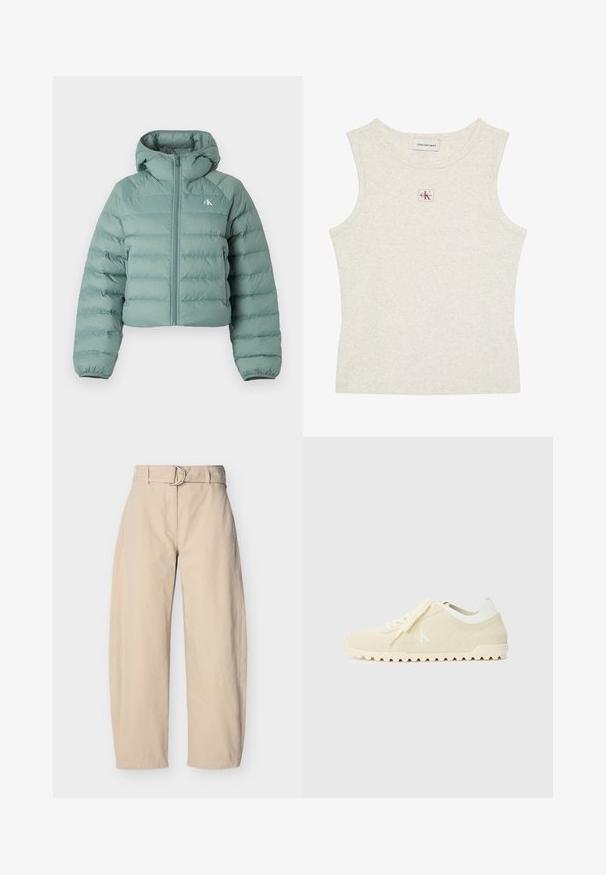 Veste matelassée vert clair avec capuche, dotée d'une fermeture éclair à l'avant, de poignets élastiques et d'un logo sur le côté gauche. Design matelassé texturé.; Débardeur beige clair sans manches à côtes avec étiquette Calvin Klein Jeans à l'intérieur du col et petite écusson logo CK centré sous l'encolure.; Pantalon beige à jambes larges en coton, doté d'une taille ceinturée avec une boucle ronde en métal, de poches latérales et d'une texture lisse.; Baskets en daim beige avec des accents blancs, semelle texturée et un logo sur le côté. Comprend des lacets plats et un design classique, à profil bas.