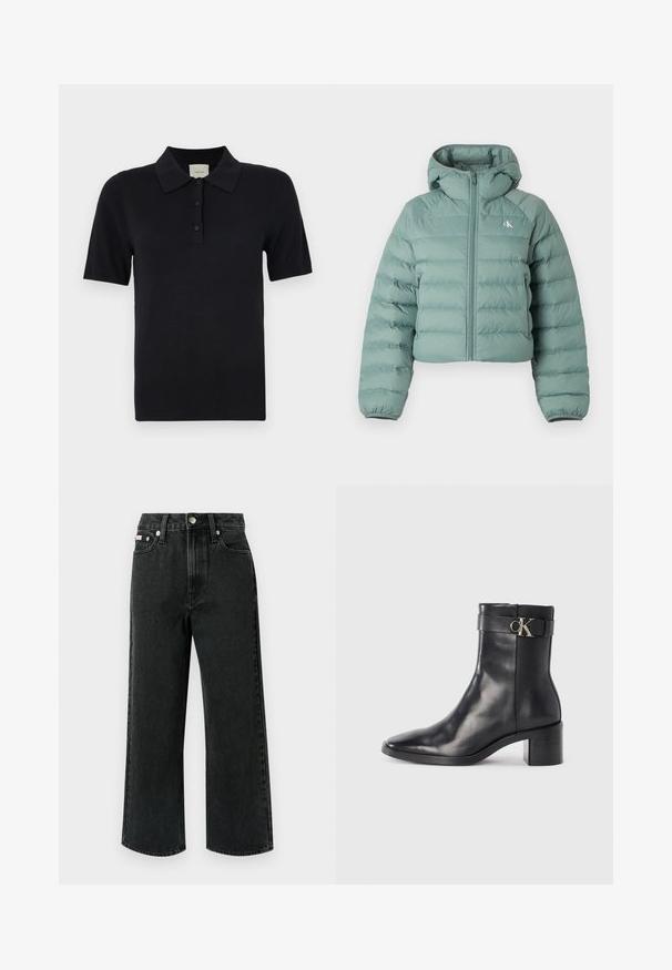 Svetlozelená prešívaná bunda s kapucňou, vybavená predným zipsom, elastickými manžetami a logom na ľavej strane. Štruktúrovaný prešívaný dizajn.; Calvin Klein FINE GAUGE - Polokošeľa - black; Čierne široké rifle z denimu s vysokým pásom, dvoma prednými vreckami, jedným zadným vreckom a zapínaním na gombík so strieborným detailom.; Čierne kožené členkové čižmy s špicatou špičkou, blokovým podpätkom a pásikom s kovovým logom. Hladká textúra a minimalistický dizajn.