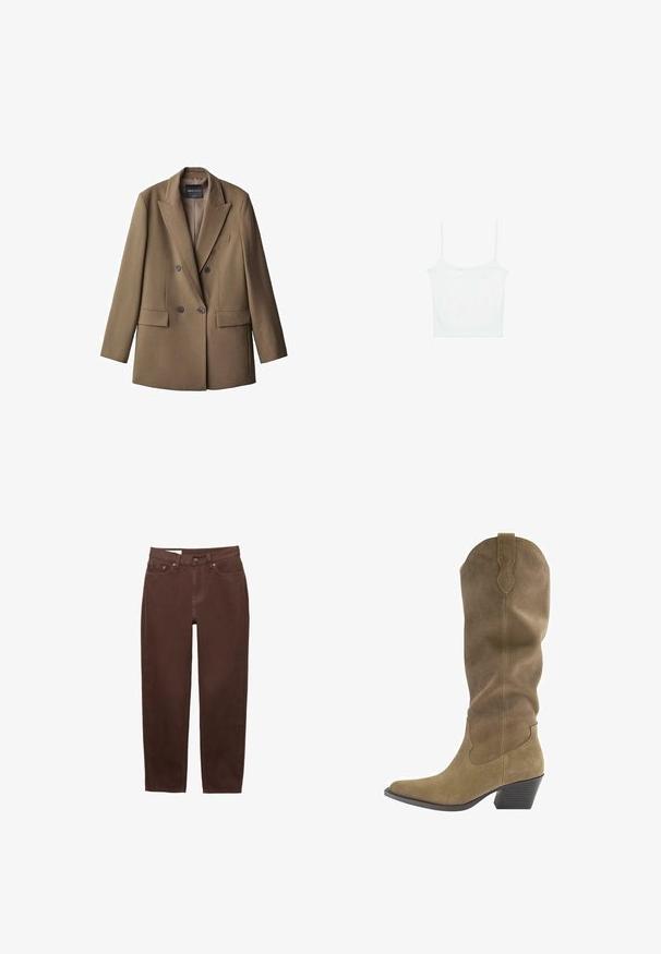 Brun dobbeltbrystet blazer lavet af tekstureret stof. Har spidse revers, to forlommer og en enkelt brystlomme.; Stradivarius Top - white; Brune jeans med lige ben, frontknap, lynlåslukning og femlomme-design på hvid baggrund.; Høj brun ruskinds cowboystøvle med spids tå, mellemhøj stablet hæl og træktab øverst, vist fra siden.