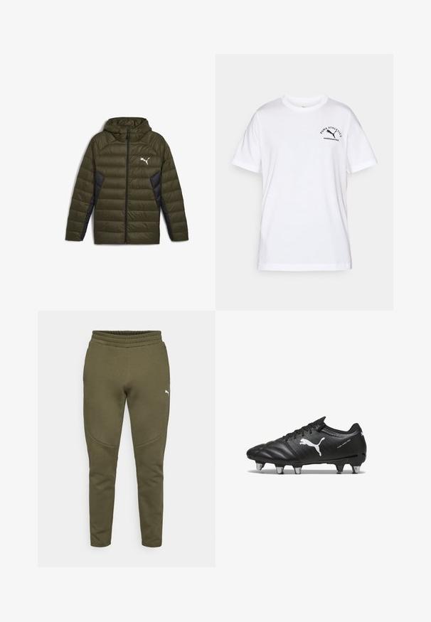 Oliven grøn pufferjakke med hætte, sorte sidepaneler, lynlås foran og hvidt logo. Tekstureret quiltet design, letvægtsmateriale.; Hvid bomulds-T-shirt med rund halsudskæring og korte ærmer. Har sort logo tekst og grafik på venstre side. Enkel, uredigeret design.; Olivengrønne sweatpants med en tætsiddende pasform, elastisk talje og et lille hvidt logo på venstre side. Blødt stof med en glat overflade.; Sorte fodboldstøvler med tekstureret materiale, hvidt Puma-logo, snørebåndslukning og metalstifter for godt greb. Designet understreger ydeevne og støtte.