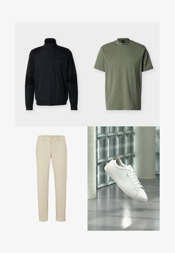 Veste noire à fermeture éclair intégrale avec col montant, poignets et ourlet côtelés, poches zippées, et logo discret "Porsche BOSS" sur la poitrine.; T-shirt vert olive avec un col rond, des manches courtes et une texture lisse. Présente le logo "BOSS" au niveau du col.; Pantalons beige ajustés avec fermeture éclair, bouton unique et passants de ceinture. Tissu lisse avec une coupe droite et sans motifs visibles.; Baskets basses en cuir blanc avec lacets, languette de talon noire et logo « BOSS », flottant à l'intérieur près d'un mur en blocs de verre et d'un sol poli.