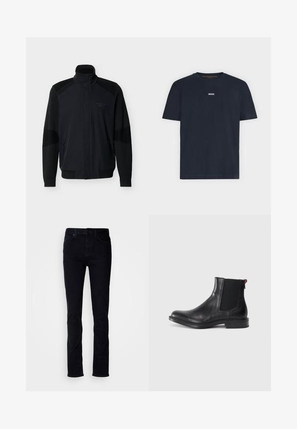 Sort full-zip jakke med opretstående krave, ribbede ærmeafslutninger og kant, lynlåslommer og subtil "Porsche BOSS"-logo på brystet.; Marineblå kortærmet T-shirt med rund hals og lille hvid "BOSS"-logo centreret på brystet.; Sorte denimjeans med slim fit, fem-lomme design, synlig syning og knappelukning. Glat tekstur uden yderligere mønstre.; Sort læder Chelsea-støvle med elastiske sidepaneler, afrundet tå og lav, stablet hæl. Har en rød løftestrop og subtil branding på siden.