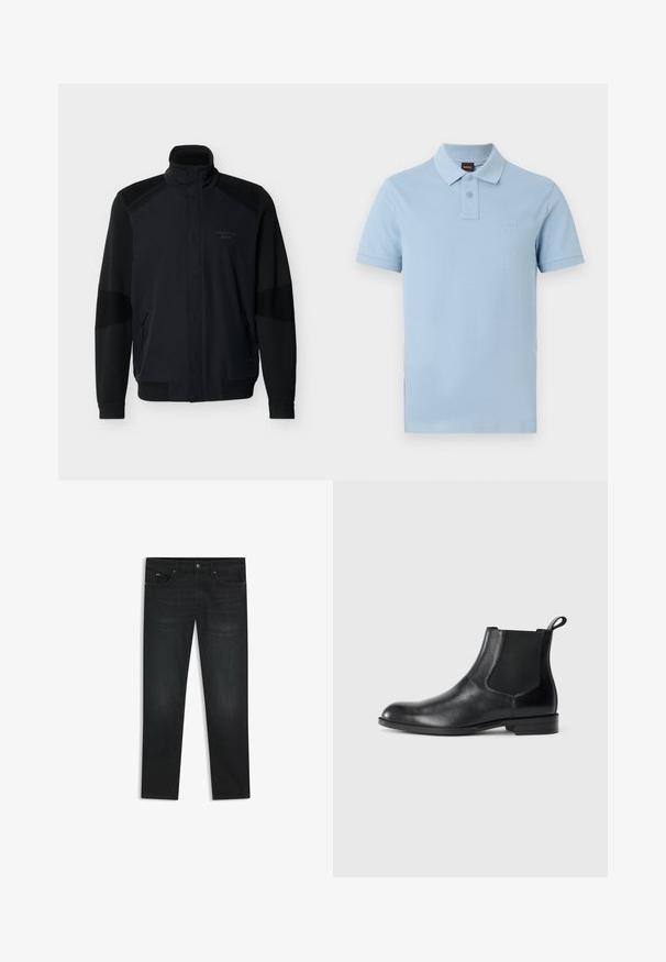 Schwarze Jacke mit durchgehendem Reißverschluss, Stehkragen, gerippten Bündchen und Saum, Reißverschlusstaschen und dezentem „Porsche BOSS“-Logo auf der Brust.; Hellblaues Polohemd mit kurzen Ärmeln, zwei Knöpfen und kleinem, geprägtem Logopatch auf der linken Brustseite.; Schwarze Jeans aus Denim mit geradem Beinanschnitt, klassischem Fünf-Taschen-Design, Reißverschluss und dezenten Nähdetails.; Schwarze Leder-Stiefelette mit elastischen Seiteneinsätzen, abgerundeter Zehenpartie und einem Zugschlauf. Glatte Textur, flache Sohle, minimalistisches Design.
