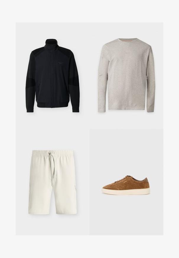 Veste noire à fermeture éclair intégrale avec col montant, poignets et ourlet côtelés, poches zippées, et logo discret "Porsche BOSS" sur la poitrine.; T-shirt gris clair à manches longues et col rond avec un logo subtil "BOSS" centré sur la poitrine, présenté sur un fond blanc uni.; Shorts beige clair longueur genou avec taille élastique et cordon, avec poches latérales et texture de tissu lisse.; Baskets en daim marron avec bout rond, semelle en caoutchouc crème et lacets ton sur ton. Présentent un logo en relief sur le côté et un panneau arrière lisse.