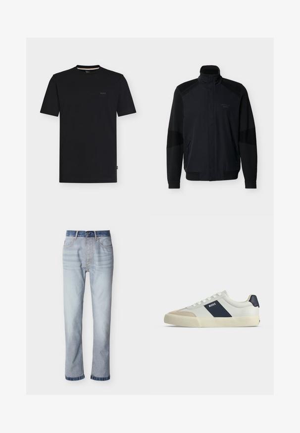 Sort full-zip jakke med opretstående krave, ribbede ærmeafslutninger og kant, lynlåslommer og subtil "Porsche BOSS"-logo på brystet.; Sort T-shirt med korte ærmer og rund hals samt et lille "BOSS"-logo på venstre bryst, vist på en ensfarvet hvid baggrund.; Lyseblå denimjeans med mørkeblå linning, design med lige ben, fem lommer og synlige syningsdetaljer.; Hvid lav sneakers med beige tå, navy blå sidestribe med mærket BOSS, hvide snørebånd og gummisål på neutral baggrund.