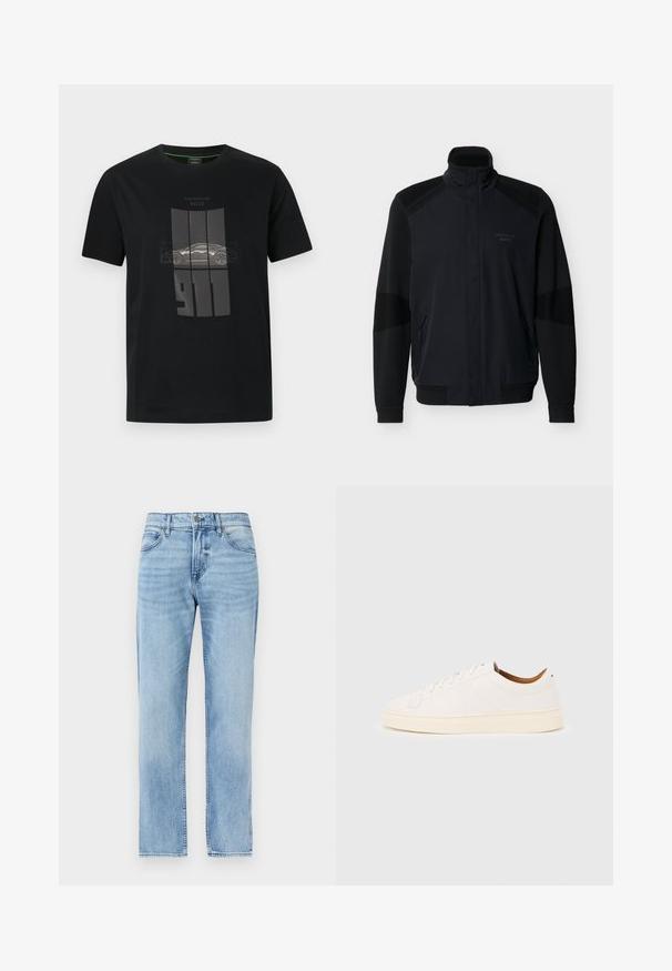 Veste noire à fermeture éclair intégrale avec col montant, poignets et ourlet côtelés, poches zippées, et logo discret "Porsche BOSS" sur la poitrine.; T-shirt noir avec graphisme Porsche 911 en gris, présentant une vue latérale de la voiture et le texte « Porsche BOSS » au-dessus du design.; Jean denim bleu clair droit avec poches avant, passants pour ceinture, bouton et fermeture éclair.; Baskets blanches basses avec un design à lacets, des détails de couture minimalistes, et une semelle couleur crème sur un fond gris clair.