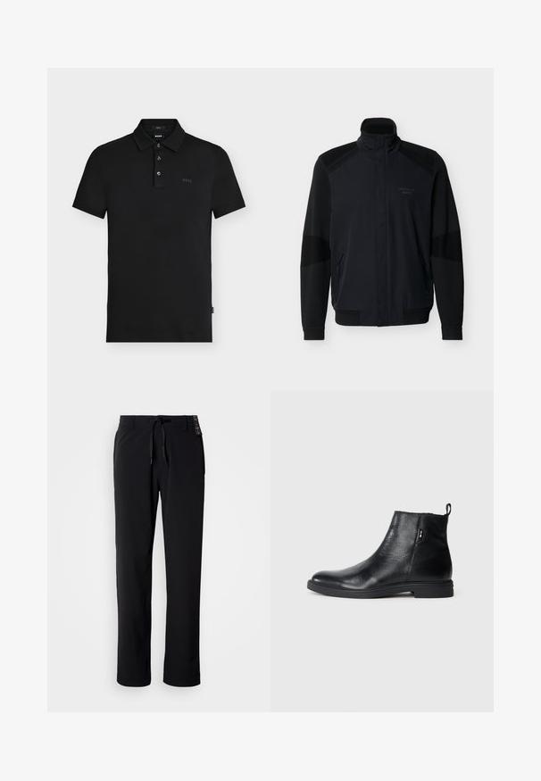 Sort full-zip jakke med opretstående krave, ribbede ærmeafslutninger og kant, lynlåslommer og subtil "Porsche BOSS"-logo på brystet.; Sort slim-fit polo skjorte med tre knapper, korte ærmer og diskret "BOSS" logo på brystet og indersiden af kraven.; Sorte, letvægtsbukser med lige ben. Har elastiksnøre i taljen og en glat tekstur. Velegnede til afslappet brug.; Sort læder ankelstøvle med flad sål, side trækflig og subtil struktureret finish på en enkel lys baggrund.