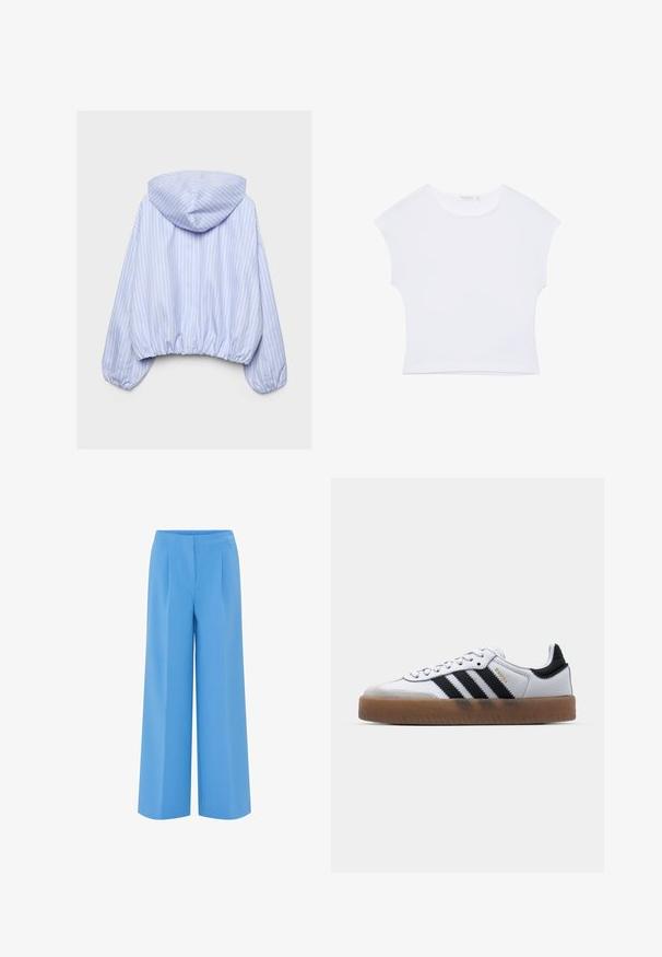 Hellblau-weiß gestreifte, mit Kapuze versehene Jacke mit elastischen Bündchen und Taillenbund, von hinten vor schlichtem Hintergrund gezeigt.; Weißes kurzärmeliges, bauchfreies T-Shirt mit rundem Ausschnitt aus glattem Stoff, flach auf einem weißen Hintergrund liegend.; Helle, leichte Weitbein-Hosen aus glattem Stoff. Mit hohem Bund und Falten, die einen maßgeschneiderten, modernen Look bieten.; Weiße Leder Sneakers mit schwarzen Streifen, Gummigummi-Außensohle, runder Zehenform, Schnürverschluss und weichem grauem Wildleder-Zehenkappe.