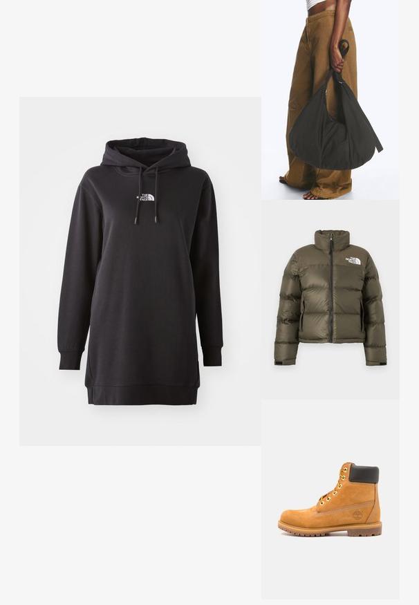 Olivengrøn dunjakke med lynlås foran, høj krave, sidelommer og The North Face-logo på brystet.; Sort hoodie kjole lavet af blødt stof, med en front kangaroo lomme, justerbar snørehætte og et lille logo på brystet.; Brune læder ankelstøvle med sort polstring, gyldne øsken og en tekstureret sål. Har et cirkulært logo på siden og synlige syninger.; Person iført brune vidde bukser og hvid top holder en stor sort blød håndtaske i remmen ved siden.