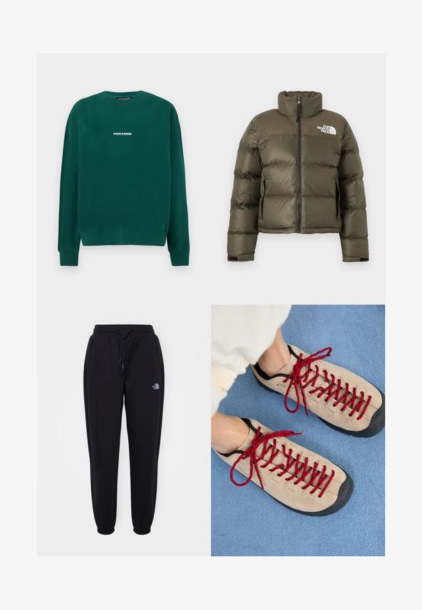 Chaqueta acolchada de color verde oliva con cremallera frontal, cuello alto, bolsillos laterales y el logo de The North Face en el pecho.; Sudadera verde de algodón, con cuello redondo, puños acanalados y un logo blanco "PEGADOR" en el pecho.; Pantalones de chándal negros con cintura y puños elásticos, cordón de ajuste, bolsillos laterales y pequeño logo blanco de The North Face en el muslo derecho.; Zapatos beiges con cordones rojos, colocados sobre una superficie texturizada azul, que revelan parcialmente el tobillo de una persona. Los zapatos tienen un diseño deportivo.