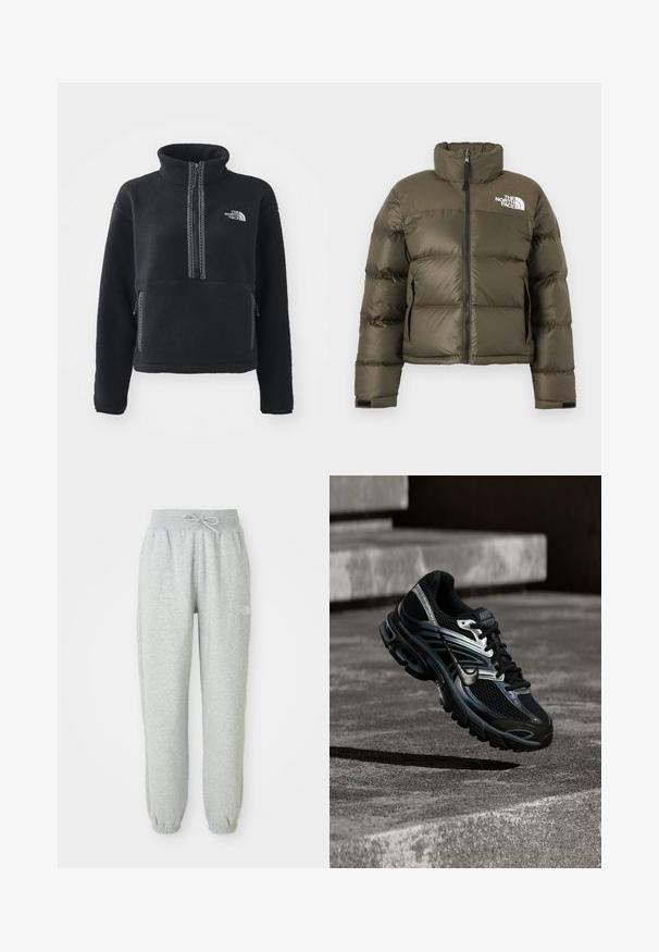 Olijfgroene pufferjas met rits aan de voorkant, hoge kraag, zijzakken en het The North Face-logo op de borst.; Zwarte fleece trui met hoge kraag, kwart rits, borstzak en contrasterende stiksels. Voorzien van het The North Face-logo op de borst.; Grijze sweatpants met een elastische tailleband en trekkoord. De stof is zacht, met elastische boorden bij de enkels en een logodetail.; Zwart-zilveren Nike hardloopschoen zwevend boven betonnen trappen, met een gedetailleerd ontwerp en een getextureerde zool in een buitenomgeving.