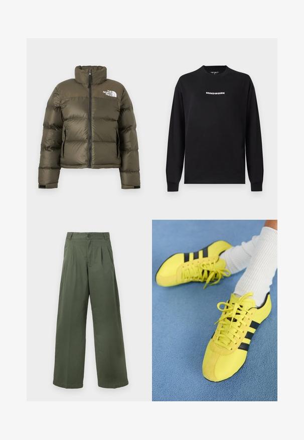 Olivengrøn dunjakke med lynlås foran, høj krave, sidelommer og The North Face-logo på brystet.; Sort langærmet t-shirt lavet af bomuld, med teksten "MINDWORK" i hvid, centreret på brystet. Rund halsudskæring og ribbede manchetter.; Grønne bukser med vide ben lavet af bomuld, med knaplukning, plisseret front og en glat tekstur med en lige kant.; Lys gule atletiksko med sorte striber og snørebånd; har en struktureret overdel og suedefornum. Brugt med hvide ribbede sokker.