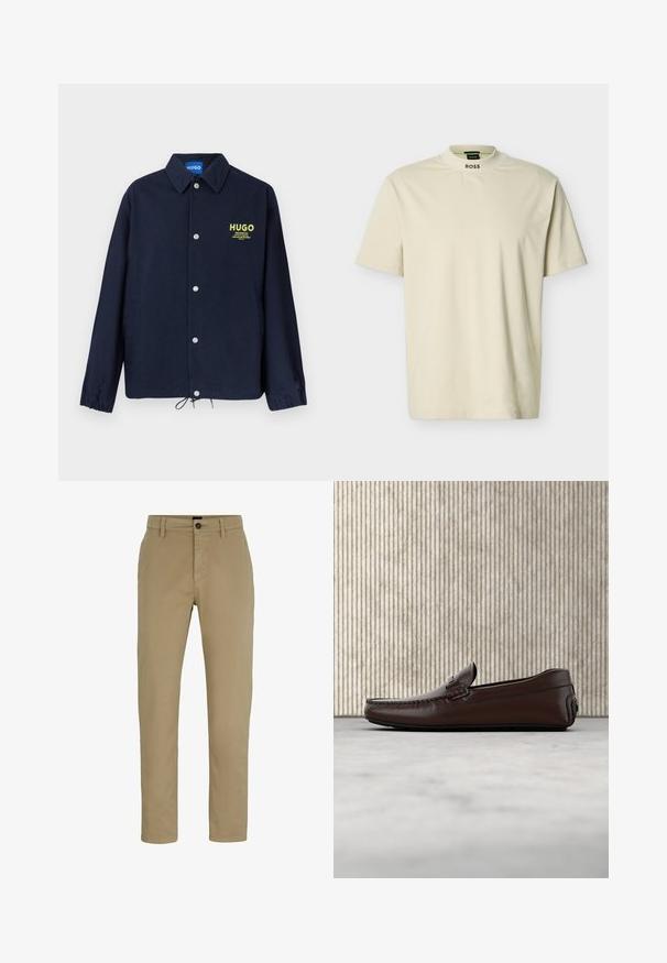 Veste boutonnée bleu marine avec col, poignets élastiques, ourlet à cordon de serrage, et logo "HUGO" jaune avec texte sur le côté gauche de la poitrine.; T-shirt beige à manches courtes avec col rond haut et texte "BOSS" imprimé sur le devant du col.; Chinos en coton beige avec une coupe ajustée, devant plat et fermeture par bouton. Comprend des passants de ceinture et des poches latérales pour plus de fonctionnalité.; Mocassins en cuir marron avec une finition lisse, des coutures de style mocassin, un bout rehaussé et une semelle en caoutchouc basse et flexible.