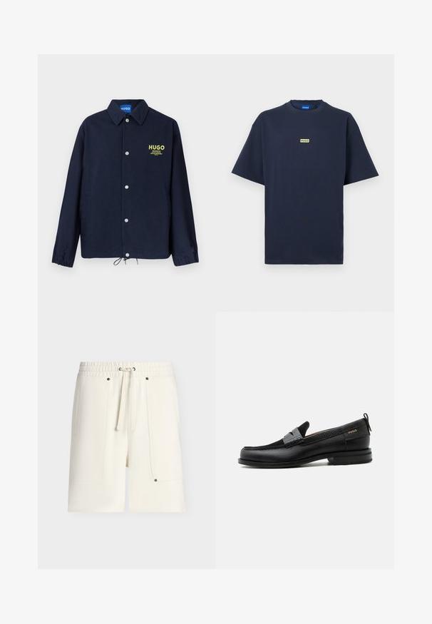 Veste boutonnée bleu marine avec col, poignets élastiques, ourlet à cordon de serrage, et logo "HUGO" jaune avec texte sur le côté gauche de la poitrine.; T-shirt bleu marine à manches courtes avec un petit logo rectangulaire beige portant l'inscription "HUGO" centré sur la poitrine.; Shorts taille élastique de couleur blanc cassé avec cordon à l'avant et grandes poches plaquées maintenues par de petites rivets métalliques.; Mocassin en cuir noir avec détail de bride grise, talon bas et semelle texturée, marqué "HUGO" en or sur le côté.