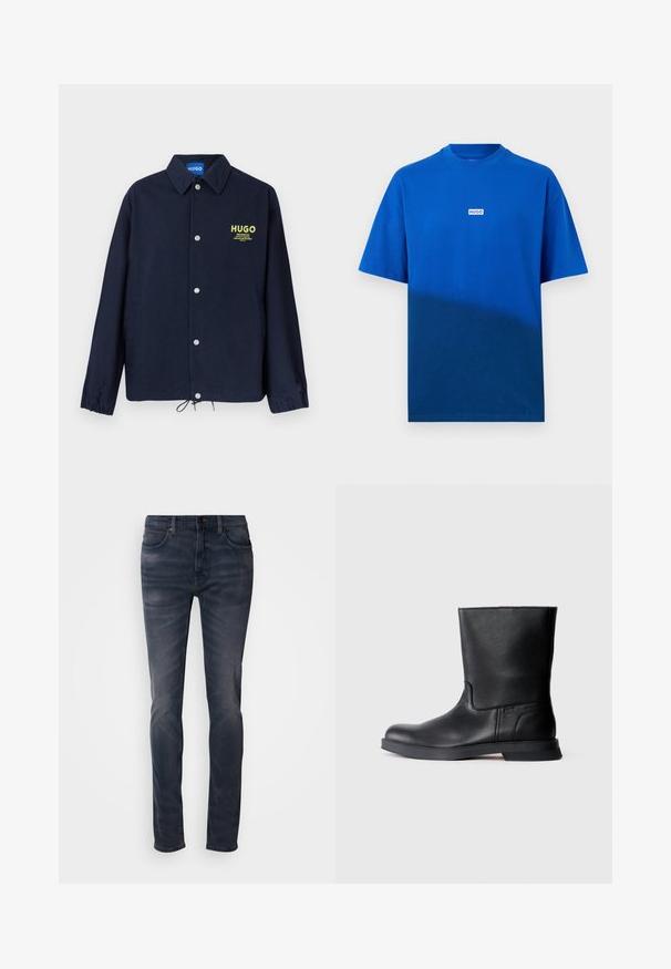 Veste boutonnée bleu marine avec col, poignets élastiques, ourlet à cordon de serrage, et logo "HUGO" jaune avec texte sur le côté gauche de la poitrine.; T-shirt bleu à manches courtes avec col rond, arborant un petit logo rectangulaire blanc avec l'inscription "HUGO" centré sur la poitrine, sur un fond uni.; Jean en denim délavé foncé avec une coupe slim, doté d'une fermeture à boutons, de cinq poches, et d'un délavage subtil. Design à jambes droites avec une texture lisse.; Bottine noire en cuir avec finition texturée, bout rond et semelle en caoutchouc basse. Design simple sans quincaillerie visible ni embellissements.