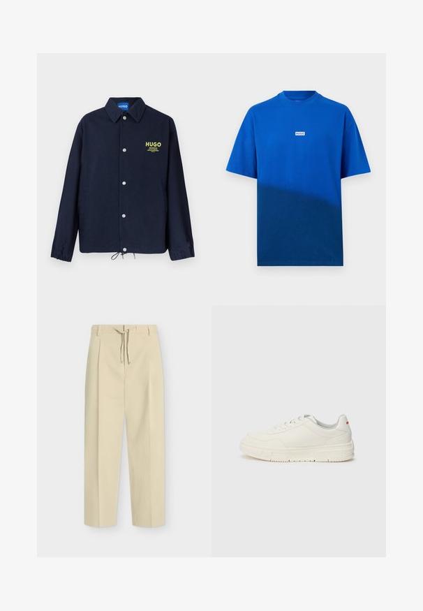 Marineblaue Knopfleiste mit Kragen, elastischen Bündchen, Kordelzug am Saum und gelbem "HUGO"-Logo mit Schriftzug auf der linken Brust.; Blaues T-Shirt mit kurzen Ärmeln und Rundhalsausschnitt, mit einem kleinen weißen rechteckigen Logo mit der Aufschrift "HUGO" in der Mitte der Brust vor einfarbigem Hintergrund.; Beige gerade Hose mit Gürtelschlaufen und vorderer Bindung, mit einem klaren, maßgeschneiderten Design und strukturiertem Stoff.; Weißes Sneaker-Modell mit einer glatten Lederoberfläche, runder Zehenpartie, flachen Schnürsenkeln und einer strukturierten Gummisohle. Ein roter Akzent befindet sich an der Ferse.
