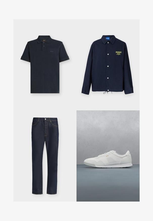 Chaqueta abotonada de color azul marino con cuello, puños elásticos, dobladillo con cordón ajustable y logo amarillo "HUGO" con texto en el lado izquierdo del pecho.; Polo azul marino de manga corta con tapeta de dos botones y logo sutil "BOSS" en el pecho izquierdo.; Vaqueros de mezclilla azul oscuro de corte recto, con cierre frontal de botón y cremallera, trabillas para el cinturón y bolsillos delanteros y traseros.; Zapatillas deportivas blancas con parte superior de cuero suave, detalles en gris claro, paneles laterales perforados y suela de goma texturizada.