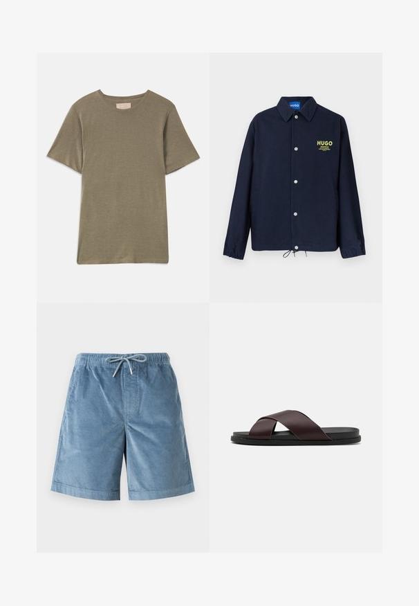 Veste boutonnée bleu marine avec col, poignets élastiques, ourlet à cordon de serrage, et logo "HUGO" jaune avec texte sur le côté gauche de la poitrine.; T-shirt olive à manches courtes avec un col rond, fabriqué en tissu doux. Présente un ourlet droit et sans motifs ni accents visibles.; Shorts en velours côtelé bleu avec taille élastique et cordon de serrage à l'avant, coupe longueur genou, et texture subtile à rainures verticales.; Sandale à glissière à lanières croisées de couleur marron, dotée d'une finition mate, d'une semelle noire plate et d'une texture lisse. Design minimaliste sans matériel visible.