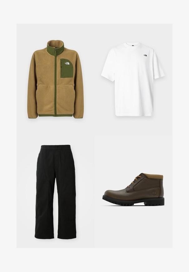 Beige fleece vest met ritssluiting, olijfgroene bies en borstzak met het logo van The North Face.; Wit katoenen T-shirt met korte mouwen, V-halsontwerp, met een klein zwart logo aan de linker bovenzijde. Zachte textuur, comfortabele pasvorm.; Zwarte katoenen broek met een elastische tailleband, wijd gesneden ontwerp en grote zijzakken. De stof lijkt zacht met een gladde textuur.; Bruine leren enkellaarzen met een gestructureerde afwerking, tan kleurige stoffen boord, zwarte rubberen zool en bruine veters. Timberland-logo ingedrukt op de zijkant.