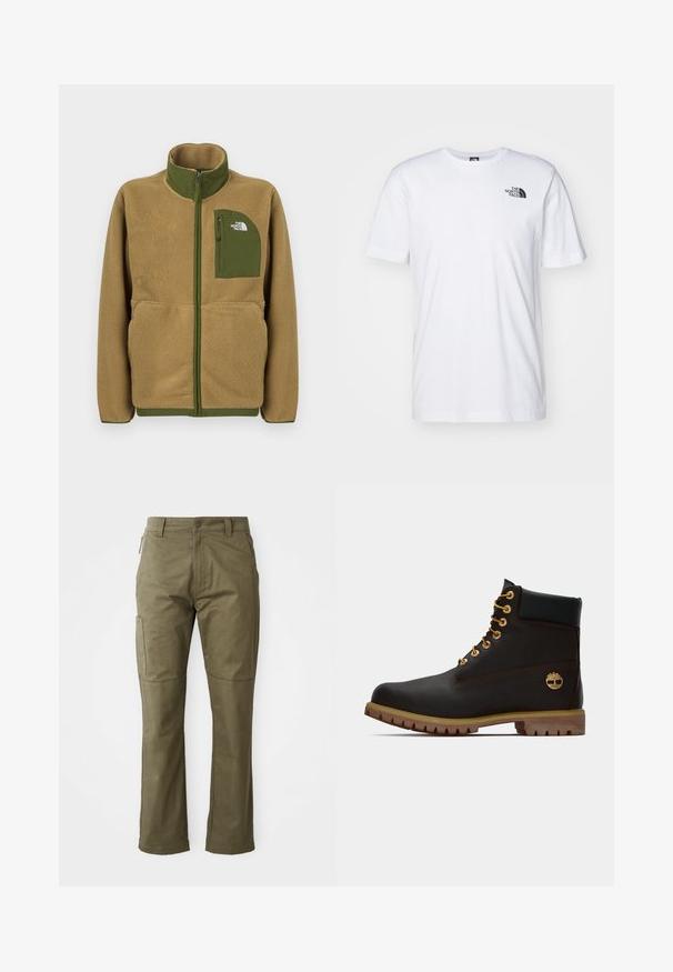Chaqueta con cremallera de forro polar color beige con ribete verde oliva y bolsillo en el pecho con el logo de The North Face.; Camiseta de algodón blanca con un logo negro de The North Face en el lado superior izquierdo del pecho. Diseño de manga corta y cuello redondo.; Pantalones cargo color caqui fabricados en un duradero tejido de algodón, con bolsillos laterales, perneras rectas y cierre de cremallera con botón.; Bota de cuero negro de tobillo con ojales dorados, acentos marrones y suela de goma. Presenta un cuello acolchado y un logotipo en relieve en el costado.