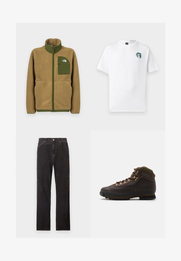 Tan fleece zip-up jacket with olive green trim and chest pocket featuring The North Face logo.; White short-sleeve T-shirt with small green cup graphic and "The North Face" logo on the left chest.; Black straight-leg corduroy trousers with front button, belt loops, and five-pocket styling on a white background.; Brown leather hiking boot with green fabric collar. Features metal lace hooks, rubber sole, and textured tread for traction.