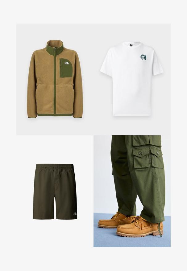 Beige fleece vest met ritssluiting, olijfgroene bies en borstzak met het logo van The North Face.; Wit T-shirt met korte mouwen met een kleine groene bekerafbeelding en het "The North Face" logo op de linkerborst.; Olivengroene cargo shorts met een elastische tailleband en trekkoord, met een klein logo aan de onderzijde rechts. Glad, lichtgewicht stof.; Timberland AUTHENTIC 3 EYE - Bootschoenen - wheat