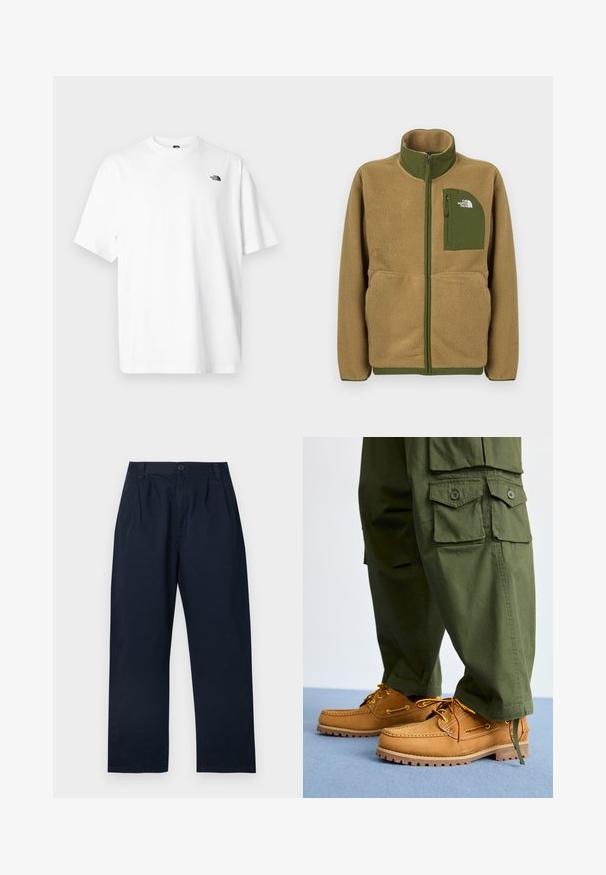 Veste zippée en polaire beige avec bordure vert olive et poche poitrine arborant le logo The North Face.; T-shirt en coton blanc à manches courtes, col en V, avec un petit logo noir sur le côté supérieur gauche. Texture douce, coupe décontractée.; Pantalon bleu marine foncé en coton, doté d'une fermeture à boutons, de plis à l'avant et d'une coupe droite.; Timberland AUTHENTIC 3 EYE - Chaussures bateau - wheat