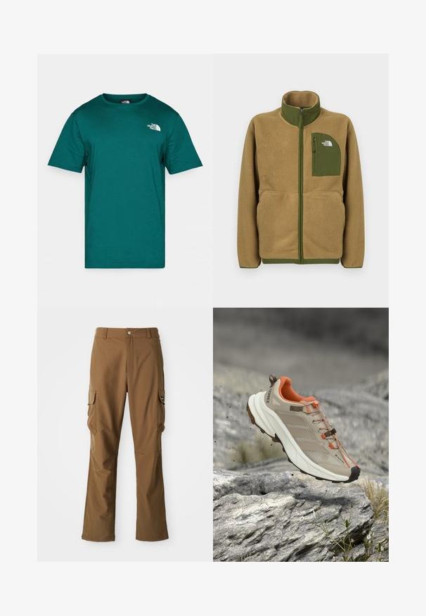 Beige Fleece-Jacke mit Reißverschluss, olivgrüner Paspelierung und einer Brusttasche mit The North Face-Logo.; Türkisfarbenes Baumwoll-T-Shirt mit rundem Ausschnitt, kurzen Ärmeln und kleinem weißen Logo auf der Brust. Glatte Textur und legere Passform.; Braune Cargo-Hose mit geradem Schnitt, ausgestattet mit zwei seitlichen Taschen und einem Reißverschluss. Hergestellt aus strukturiertem Stoff mit glatter Oberfläche.; Beiger und oranger Wanderschuh mit dicker Sohle, GORE-TEX-Label und "TERREX"-Branding, gezeigt über felsigem Gelände.