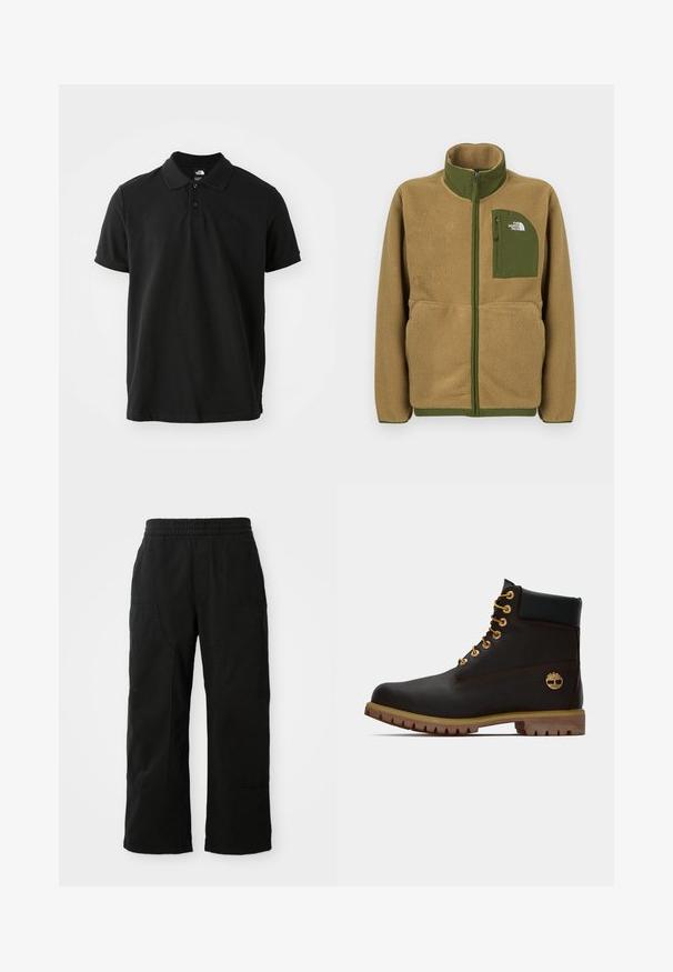 Veste zippée en polaire beige avec bordure vert olive et poche poitrine arborant le logo The North Face.; Polo noir en coton, doté d'un col classique, de manches courtes et d'un logo sombre et subtil sur la poitrine. Texture lisse.; Pantalons en coton noir avec une taille élastique, un design à jambes larges et de grandes poches latérales. Le tissu semble doux avec une texture lisse.; Bottine noire en cuir avec œillets dorés, accents marron et semelle en caoutchouc. Comprend un col rembourré et un logo estampé sur le côté.