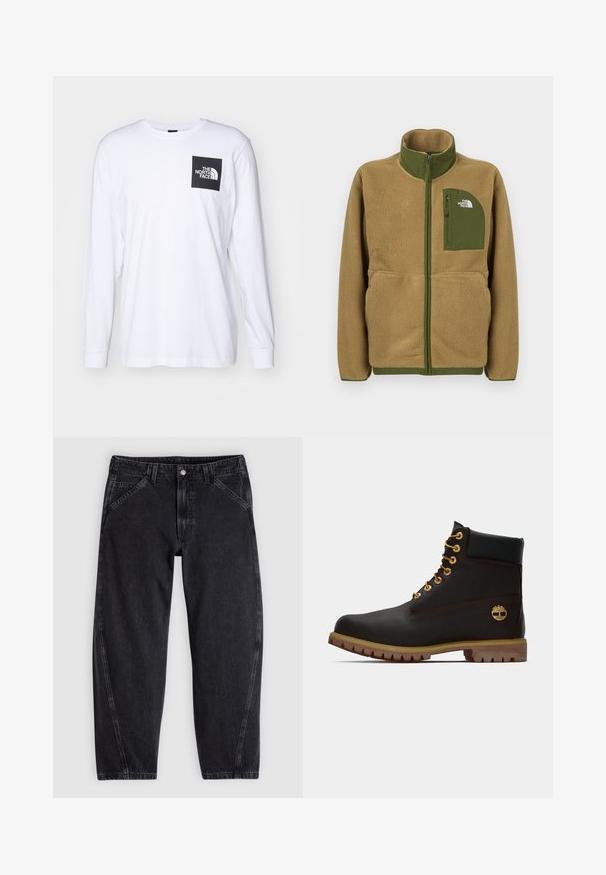 Chaqueta con cremallera de forro polar color beige con ribete verde oliva y bolsillo en el pecho con el logo de The North Face.; Camiseta de manga larga blanca con un logo cuadrado negro que dice "The North Face" en la parte superior izquierda del pecho.; Vaqueros de mezclilla negra con un corte holgado, con cinturilla estándar, diseño de cinco bolsillos y costuras en contraste a lo largo de las costuras.; Bota de cuero negro de tobillo con ojales dorados, acentos marrones y suela de goma. Presenta un cuello acolchado y un logotipo en relieve en el costado.