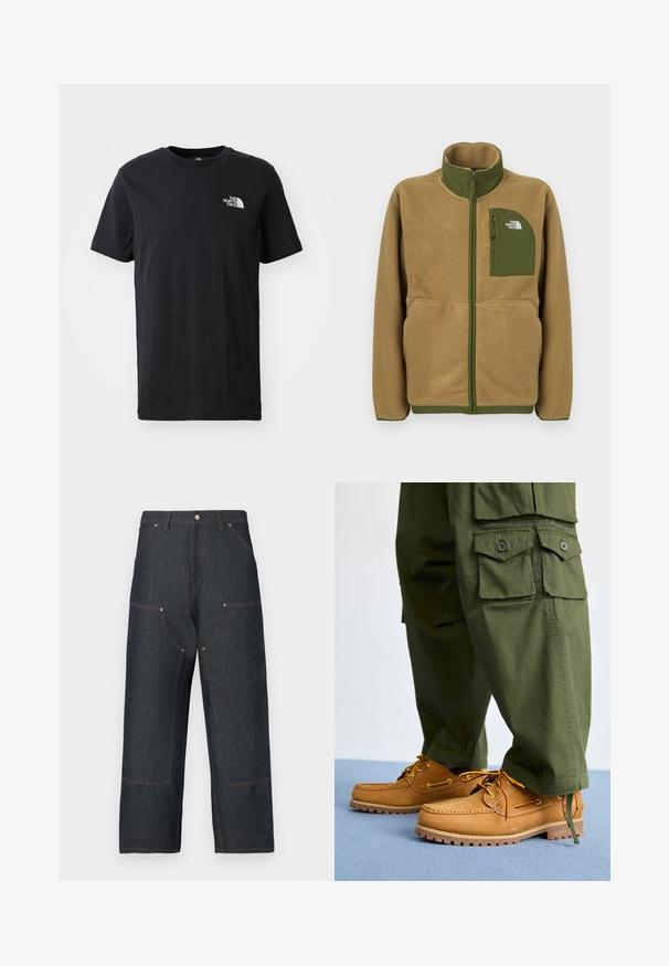 Tan fleece lynlåstrøje med olivengrøn kant og brystlomme med The North Face-logo.; Sort bomulds t-shirt med korte ærmer, rund hals, med et lille hvidt logo på venstre bryst. Blød tekstur, afslappet pasform.; Mørkeblå denimjeans med vid ben, der har kontrasterende orange syninger, forlommer og en klassisk knaplukning.; Timberland AUTHENTIC 3 EYE - Sejlersko - wheat
