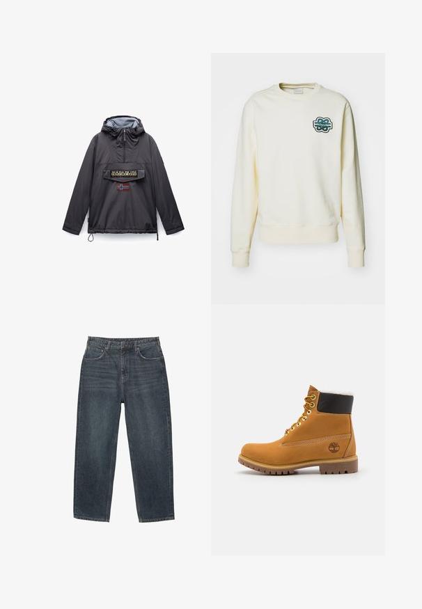 Schwarze Kapuzen-Anorakjacke mit Frontreißverschluss, zentraler Klapptasche mit Napapijri-Beschriftung und einem aufgenähten norwegischen Flaggen-Patch unterhalb der Tasche.; Filling Pieces GOWTU - Sweatshirt - white; Dunkelblaue Jeans aus Denim mit geradem Bein, fünf Taschen, Gürtelschlaufen und subtilen Verblassungen im Material. Gestickte Saumdetails.; Braune Leder-Ankle-Boots mit Metallösen, weißem Kunstfellfutter, schwarzem gepolstertem Kragen, robustem Sohlenprofil und geprägtem Logo an der Seite.