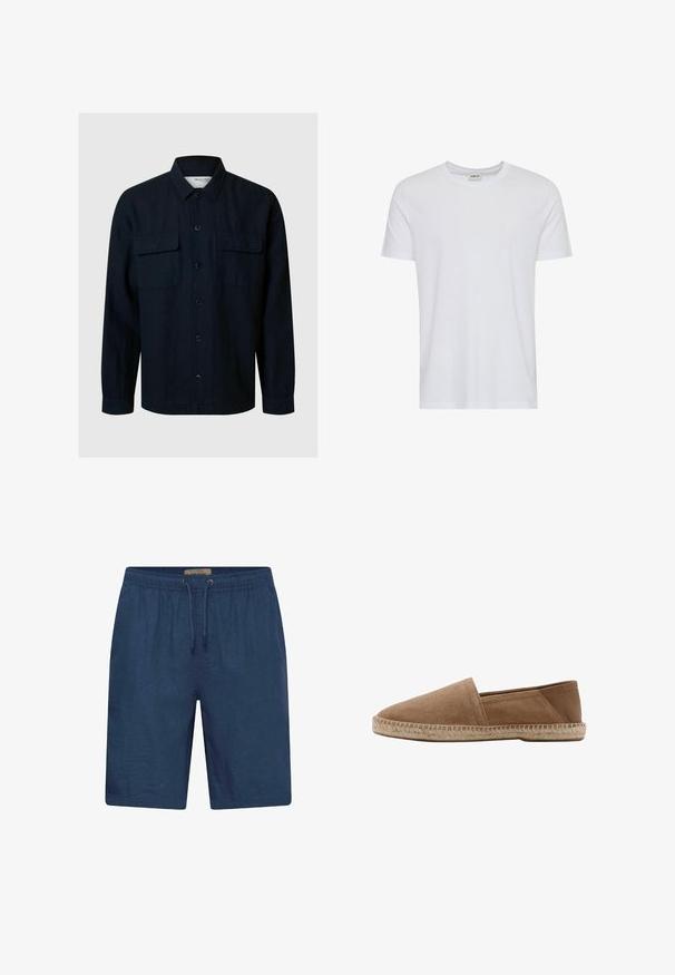 Chemise boutonnée bleu marine foncé avec un col, deux poches poitrine et des manches longues. Fabriquée dans un tissu texturé, avec des boutons noirs sur le devant.; T-shirt blanc uni à manches courtes et col rond, présenté sur fond blanc, avec une petite étiquette au col indiquant la marque « Solid ».; Short de bain bleu marine en tissu léger, avec une taille élastique et un cordon de serrage, coupe droite.; Espadrille en daim marron à enfiler avec semelle en jute et patte en cuir au talon, vue latérale sur fond blanc.