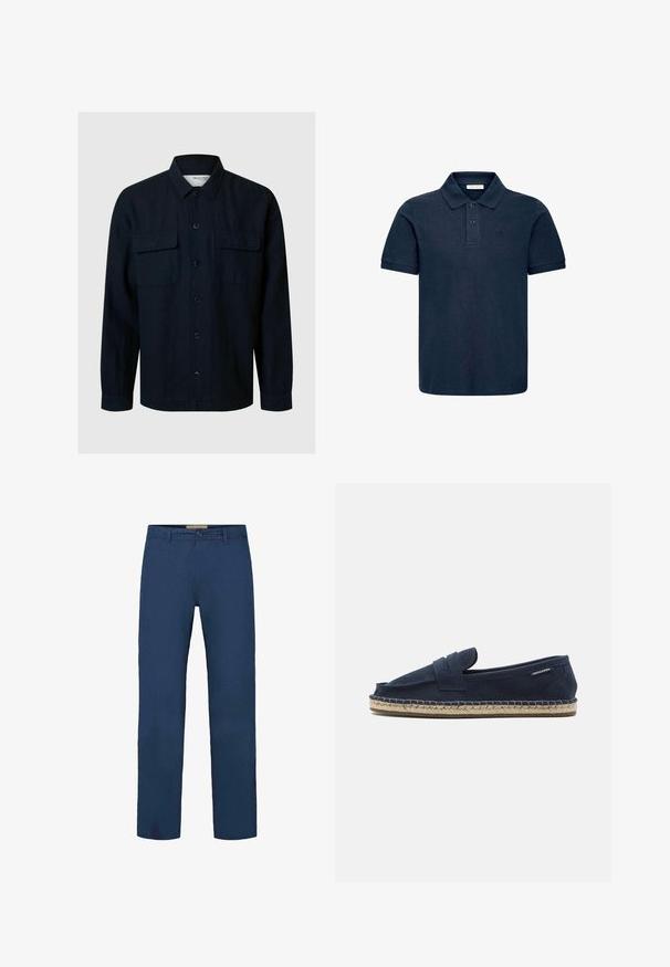 Chemise boutonnée bleu marine foncé avec un col, deux poches poitrine et des manches longues. Fabriquée dans un tissu texturé, avec des boutons noirs sur le devant.; Polo bleu marine en tissu texturé, avec col, trois boutons et petit logo sur la poitrine. Manches courtes.; Pantalon en coton bleu marine avec une coupe droite, doté d'une fermeture à boutons à l'avant et de poches latérales visibles. Texture lisse.; Espadrille à enfiler en suède marine avec semelle en jute tressé, présentant un design minimaliste sans hardware ni motifs visibles.