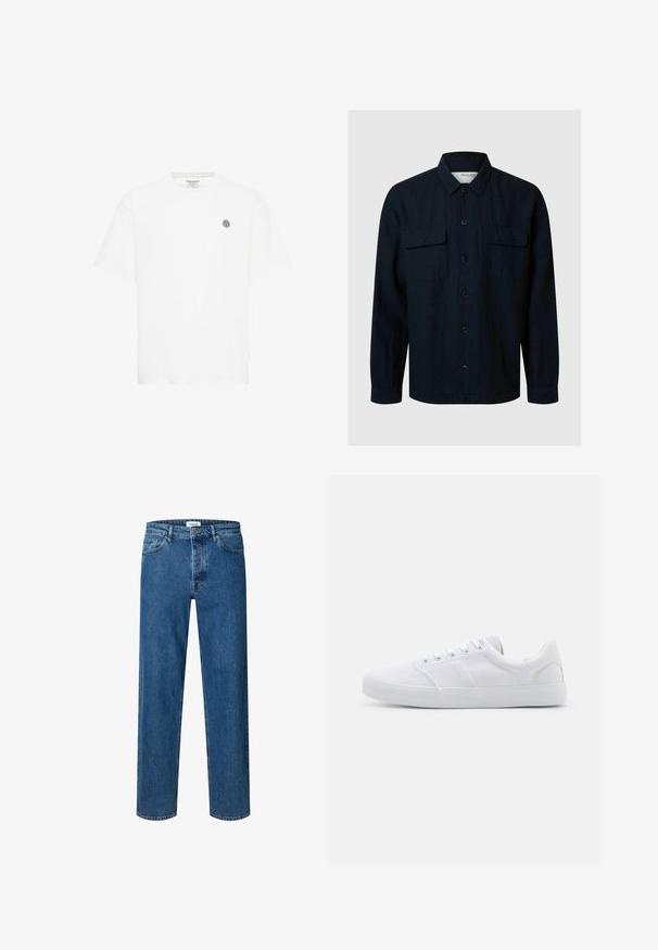 Mørkeblå skjorte med knapper og krave, to brystlommer og lange ærmer. Fremstillet af et tekstureret stof med sorte knapper foran.; Hvid kortærmet t-shirt med rund halsudskæring og et lille gråt geometrisk logo på venstre bryst. Lavet af blødt bomuldsmateriale.; Blå straight-leg denim jeans med knap- og lynlåslukning, bæltestropper og fem-lomme-design.; Hvide lærreds sneakers med gummisål, der har seks snørehuller, en struktureret tåkap og et minimalistisk design.