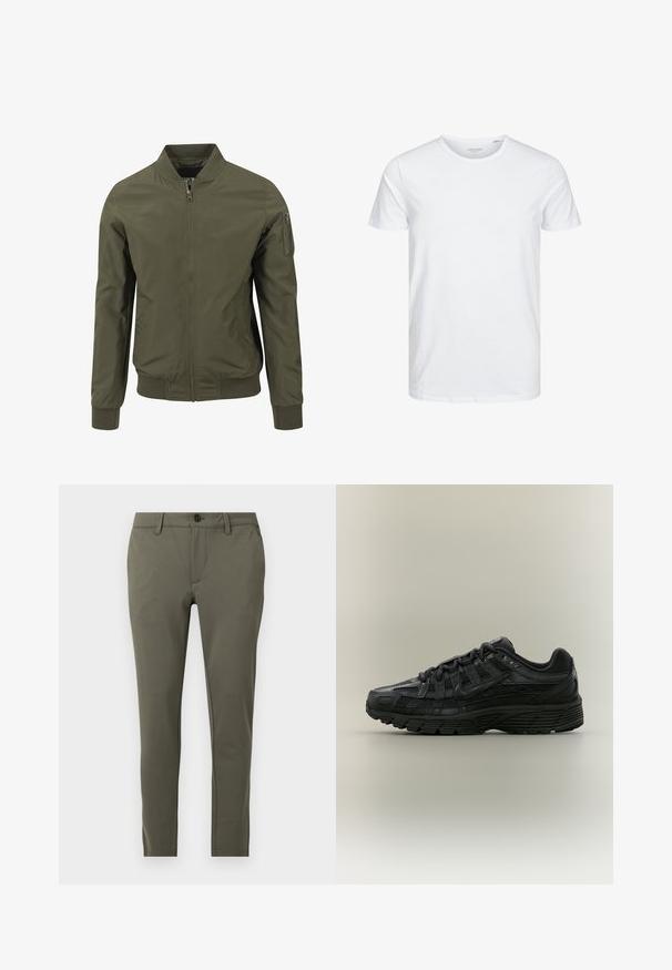 Veste bomber vert olive avec fermeture éclair frontale, col, poignets et bas côtelés, ainsi qu'une poche zippée sur la manche gauche.; T-shirt à col rond à manches courtes de couleur blanche unie, fabriqué en coton doux, avec un design simple sans motifs ni accents visibles.; Pantalon slim vert olive avec fermeture avant par bouton et zip, passants pour ceinture et poches latérales sur un fond uni clair.; Chaussure de course Nike noire avec tige en mesh et synthétique, fermeture à lacets et semelle texturée, vue de côté gauche sur fond uni.