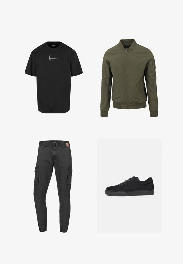 Olivgrüne Bomberjacke mit durchgehendem Reißverschluss, geripptem Kragen, Bündchen, Bund sowie einer Reißverschlusstasche am linken Ärmel.; Schwarzes Baumwoll-T-Shirt mit kurzen Ärmeln, Rundhalsausschnitt und einem weißen Signaturlogo, das auf der Vorderseite gedruckt ist. Glatte Textur und lässige Passform.; Schwarze Cargo-Hose mit elastischen Bündchen, seitlichen Klappentaschen, Fronttaschen, Gürtelschlaufen, Knopf- und Reißverschluss.; Schwarzer Low-Top-Sneaker mit Schnürung vorne und flacher Gummisohle, seitlich auf weißem Hintergrund dargestellt.