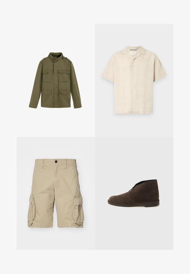 Veste style militaire vert olive avec quatre poches à rabat à l'avant, col montant avec boucle et épaulettes.; Chemise à manches courtes beige clair en lin, dotée d'un col camp, de lignes épurées et d'une texture subtile, avec cinq boutons à l'avant.; Shorts cargo beiges en tissu de coton, avec des poches latérales, une fermeture à bouton et une coupe droite. Textures lisses.; Botte cheville en daim marron avec deux œillets, talon bas et semelle cousue sur un fond gris clair uni.