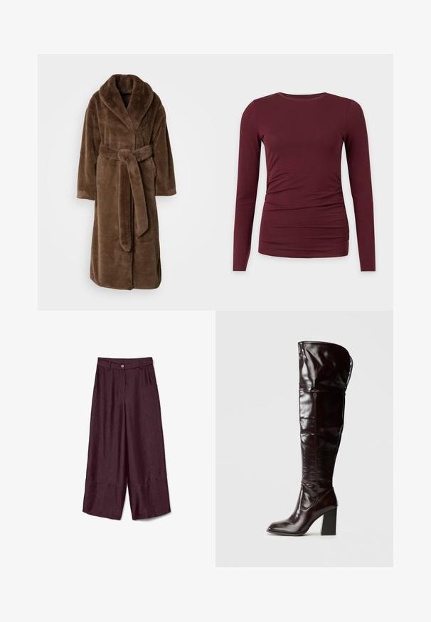 Peignoir en fausse fourrure marron avec un col châle, une taille ceinturée et des manches longues. Caractérisé par une texture douce et moelleuse et une longueur jusqu'au sol.; Chemise bordeaux ajustée à manches longues avec un léger froncé sur un côté, encolure ronde, présentée sur fond blanc.; Pantalons larges bordeaux en tissu texturé, dotés d'une fermeture à bouton et de plis sur le devant, avec une longueur raccourcie à l'ourlet.; Bottes en cuir bordeaux glacé montant jusqu'au genou, avec un bout carré et un talon bloc, présentant un design ample et des détails de couture minimalistes.