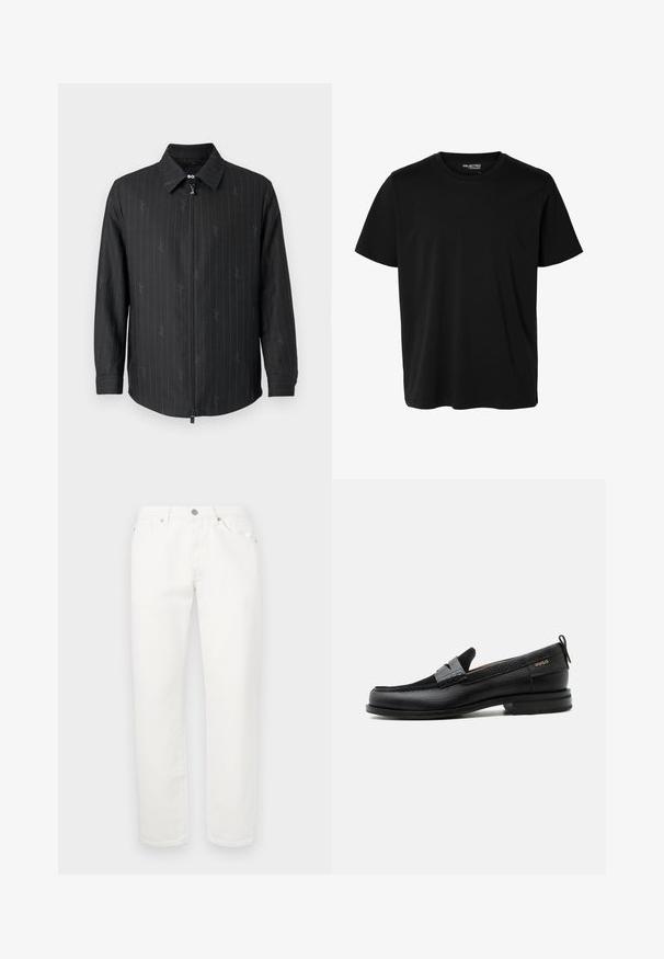 Chaqueta negra con cremallera y cuello, con rayas sutiles y una tela texturizada. Mangas largas con puños abotonados y frontal con cremallera.; Camiseta negra lisa de manga corta y cuello redondo con corte de hombre, sin patrones ni logotipos visibles en el delantero.; Pantalones de mezclilla blanca con un diseño de pierna recta. Presenta un clásico diseño de cinco bolsillos, cierre de botón metálico y una ligera textura.; Mocasín de cuero negro con detalle de tira gris, tacón bajo y suela texturizada, con la marca "HUGO" en oro en el lateral.