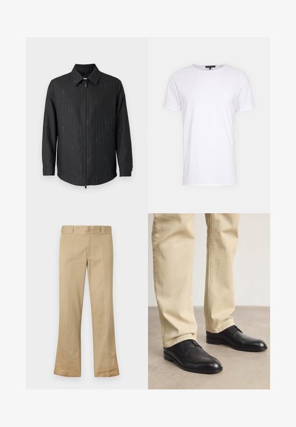 Zwarte zip-up jas met een kraag, voorzien van subtiele streepjes en een gestructureerde stof. Lange mouwen met button cuffs en een ritssluiting aan de voorkant.; Witte katoenen t-shirt met een ronde halslijn, korte mouwen en een rechte snit. Heeft een eenvoudige, gladde textuur zonder aanvullende patronen.; Beige flarebroek gemaakt van een katoenen blend stof, voorzien van een knoopsluiting, riemlussen en een vlakke voorkant met een gladde textuur.; Zwarte leren veterschoenen met een ronde neus, een gladde afwerking en subtiele stikdetails, gedragen met lichtbeige broeken.